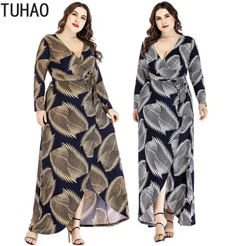 TUHAO Maxi Ilgas Šalis Suknelė Moteris Plus Size 6XL 5XL 4XL Moterys ilgomis Rankovėmis Derliaus Spausdinti Aukštos Kokybės Moterų Suknelės, Elegantiškas