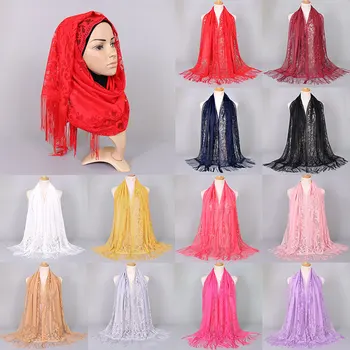 Tuščiaviduriai Iš Gėlių Nėrinių Hijab Skara Skara Moterų Vientisa Spalva Paprastas Musulmonų Galvos Plaukų Šalikai Apsiaustas Žiemos Balta Juoda Raudona