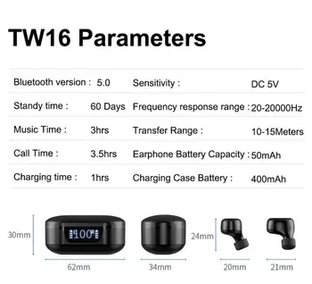 TW16 TWS Ausines Bluetooth V5.0, 3D Stereo Sporto Belaidės Ausinės su Dvigubo Mikrofono, Auto connect 