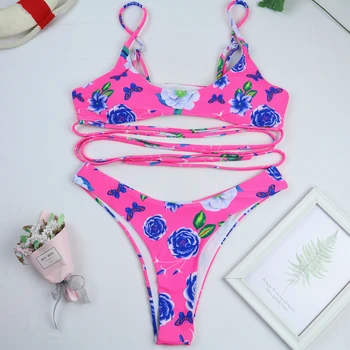 TYAKKVE Seksualus Bikini 2021 Mujer Moterų maudymosi kostiumėlį Moteris Gėlių Spausdinti Maudymosi kostiumai Seksualus Pynimas Maudymosi Kostiumą Vasaros Paplūdimio Biquini