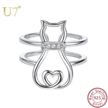 U7 925 Sterlingas Sidabro Cute Kačių Širdies Žiedas Moterims Tuščiaviduriai Dizaino Sužadėtuvių Papuošalai Dovana Subtilus CZ Atidaryti Žiedas Reguliuojamas