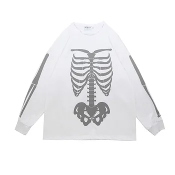 UNCLEDONJM Skeletas long sleeve t-shirt Vyrai High Street, Hip-hop Rap Prarasti Kaklaraištis dažyti Viršūnes Tee LY-G7