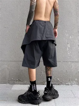 UNCLEDONJM Streetwear Pantskirt Šortai Vyrams Japonų Stiliaus Plati Koja Culottes Netikrą Dviejų dalių Pilkos spalvos Sijonas Plačios Kelnės V2-8013