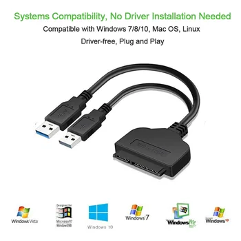 USB 3.0 ar USB2.0 SATA 22Pin Adapterio Kabelis, skirtas 2.5 / 3.5 colių HDD Išorinio Maitinimo Kietajame Diske Skaičiuoklė