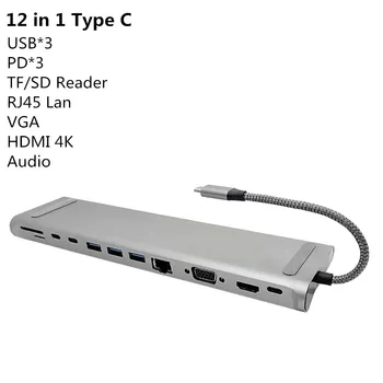 USB 3.0 Hub USB Skirstytuvo 3.1 C Tipo Stebulės HDMI 4K Doko Adapteris 12 in 1 Multi USB C CENTRU 