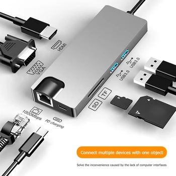 USB Tipo C Doko Stotis HDMI Nešiojamas DN-TC12 USB Hub C Tipo Multi USB 3.0 HDMI, VGA, RJ45 PD Adapteris, Splitter PC