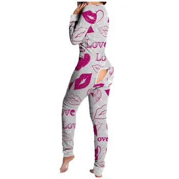 V-kaklo Moterų Spausdinti ilgomis Rankovėmis Funkcinės Sagomis Atvartu Jumpsuit Sleepwear Bodysuit Playsuit Romper naktiniai drabužiai Atsitiktinis Jumpsuit