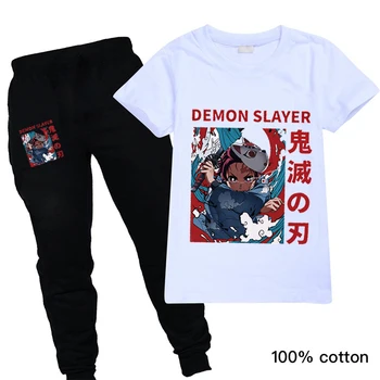 Vaikai Girl Anime Cartoon Kawaii merginos patenka boutique komplektus Demon Slayer Vaikų Drabužių Rinkiniai Helovinas trumpomis Rankovėmis T-shirt