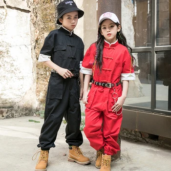 Vaikams Hip Hop Kostiumas Berniukams Prarasti Jumpsuit Diržo Trumpas Rankovėmis Gatvės Dancewear Merginos Džiazo Vykdymo Etapą Komplektus Rave BL5048