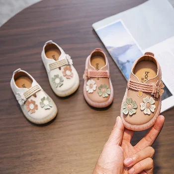 Vaikiška Avalynė Mergaitėms 0-1-3 metų mergaitėms strape batai su gėlėmis minkšta oda kūdikių vaikščiojimo batai anti-slidus