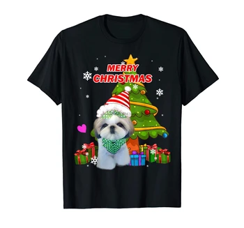 Vaikiški Marškinėliai-vyriški T-Shirt-Black Linksmų Kalėdų T-Shirt Mielas Shih Tzu Vyrų Moteris