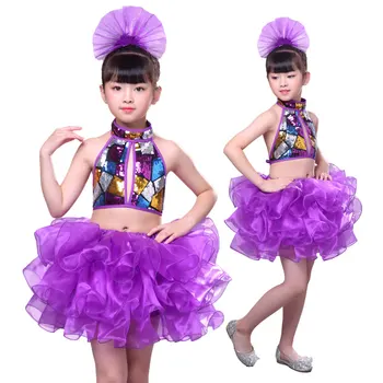Vaikų džiazo šokio kostiumai vaikams lotynų šiuolaikinės etapas rodo, blizgančiais mergaičių šokių Tutu kostiumai