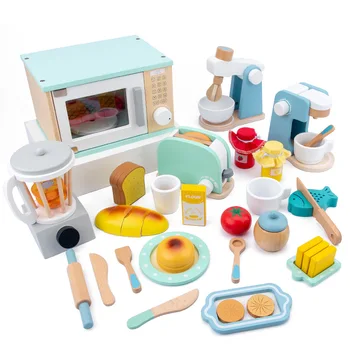 Vaikų medinis modeliavimo virtuvės žaislų rinkinys žaisti namuose ankstyvojo lavinimo žaislas duona mašina, kavos aparatas, sulčiaspaudės, mikrobangų krosnelė