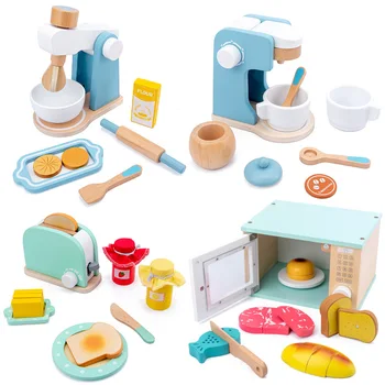 Vaikų medinis modeliavimo virtuvės žaislų rinkinys žaisti namuose ankstyvojo lavinimo žaislas duona mašina, kavos aparatas, sulčiaspaudės, mikrobangų krosnelė