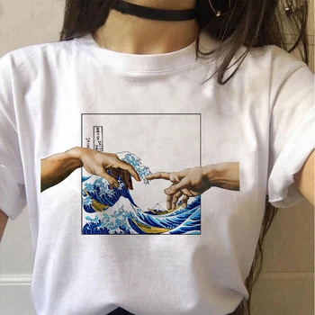 Vaporwave Estetinės Didžiosios Bangos marškinėliai moterims Van Gogas žvaigždėtu dangumi meno Aliejaus Tapyba, Grafinis T-Shirt Dragon Suši Ramen Viršūnės