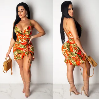 Vasaros Boho Suknelė Moterims 2019 Atostogų Gėlių Spausdinti Strappy V Kaklo Backless Sexy Trumpa Mini Suknelė Šalies Paplūdimio Suknelės Sundress