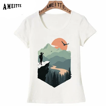 Vasaros Kalnų vaizdas į horizonto saulėlydžio Mada Moterims T-shirt Cute Girl Viršūnes Vintage Stiliaus Atsitiktinis Tees Moters Trumpas Rankovės