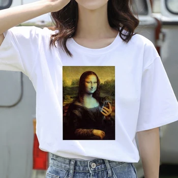 Vasaros klaidingą Mona Lisa Spausdinti Marškinėliai 90s Harajuku Ullzang Mados T-shirt Moterims, Estetika juokinga Tshirts Atsitiktinis Trumpas tee