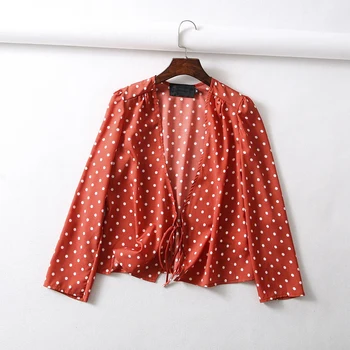 Vasaros korėjos gėlių polka dot šifono palaidinė Sexy moterims topai ir palaidinė 2020 Vyšnių lankas ilgomis rankovėmis kimono marškinėliai blusas