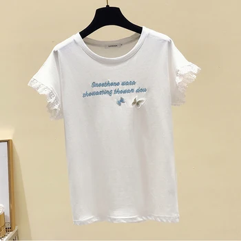 Vasaros Laišką siuvinėjimo T-shirt Moterims, Megztos Medvilnės Baltas Viršūnes Tee Marškinėliai Moterims Atsitiktinis Trumpas Rankovės Harajuku Tshirts Moteris