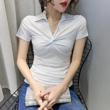 Vasaros Mados korėjiečių Drabužius T-shirt Seksualus V-Kaklo Apmušalas Deimantų Moterų Viršūnių Ropa Mujer Medvilnės trumpomis Rankovėmis Marškiniai Tees Naujas T03205