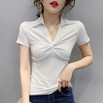 Vasaros Mados korėjiečių Drabužius T-shirt Seksualus V-Kaklo Apmušalas Deimantų Moterų Viršūnių Ropa Mujer Medvilnės trumpomis Rankovėmis Marškiniai Tees Naujas T03205