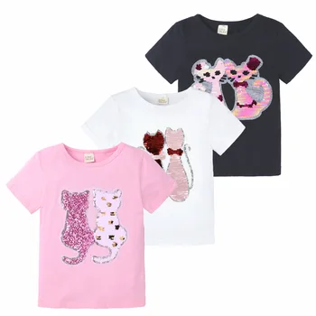 Vasaros marškinėliai Mergaitėms Blizgančiais Marškinėliai Besikeičiančių Spalvų Animaciją Kačių Ir Star Perjungiamos Blizgančiais Marškinėliai Vaikų, Paauglių Drabužių