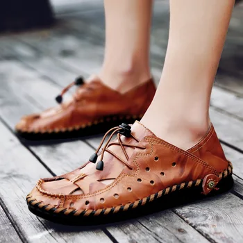 Vasaros sandalai vyrams 2021 naują atvykimo natūralios odos paplūdimio vyrų batai vientisos spalvos nėriniai-up vyras avalynė atsitiktinis lauko vyrai sandalai