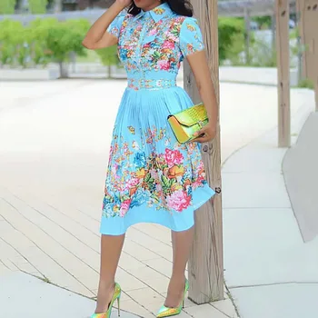 Vasaros Suknelė Plius Dydis M-3XL 2020 Atsitiktinis Moterų Mados Mėlynos spalvos Gėlių Spausdinti Midi Office Ponios Darbo Drabužiai Plisuotos Suknelės Derliaus