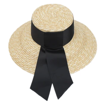 Vasaros Unisex Rankų Darbo Šiaudų Flat Top Kepurės Moterims Didelio Masto Kraštų Saulės Skrybėlę Su Laivapriekio Paplūdimio Dangtelius (Apsauga Nuo Saulės)