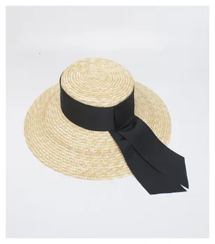 Vasaros Unisex Rankų Darbo Šiaudų Flat Top Kepurės Moterims Didelio Masto Kraštų Saulės Skrybėlę Su Laivapriekio Paplūdimio Dangtelius (Apsauga Nuo Saulės)