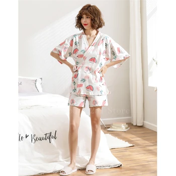 Vasarą Moteris Japonų Kimono Rinkinys 2vnt Mielas Spausdinti Yukata Pižama Sleepwear Pižamą Patalpų Laisvalaikio Megztinis Maudymosi Chalatai