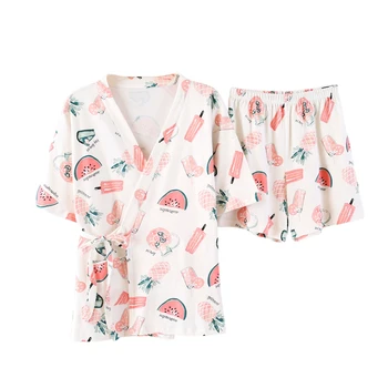 Vasarą Moteris Japonų Kimono Rinkinys 2vnt Mielas Spausdinti Yukata Pižama Sleepwear Pižamą Patalpų Laisvalaikio Megztinis Maudymosi Chalatai