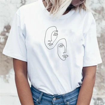 Veido abstrakčiai paprasta marškinėliai moterims Ištisinė Linija Menas Spausdinti vasaros viršūnes tee marškinėliai femme 90s Lady Yong Mergina