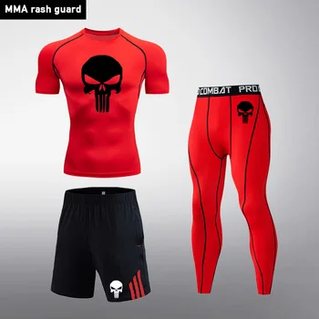 Veikia kostiumas Vyras MMA taktinis T-marškinėliai, Šortai Suspaudimo Drabužiai Mens tracksuit Kaukolė trumpomis rankovėmis nustatyti, Stebėti sporto vyrų kostiumai