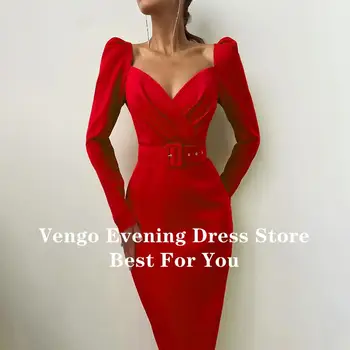 Verngo Paprastas Elegantiškas 2020 Raudonas Ruožas Satino Undinė Vakare Šalis Suknelės Ilgomis Rankovėmis V-Kaklo Vidurio Blauzdos Moteris Ilgai Chalatai Užsakymą