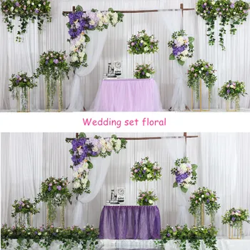 Vestuvių rekvizitai dirbtinių gėlių kamuolys puošyba, gėlių vestuvių arkos fone dekoro scena, gėlių eilėje sienos lentelėje gėlių išdėstymas