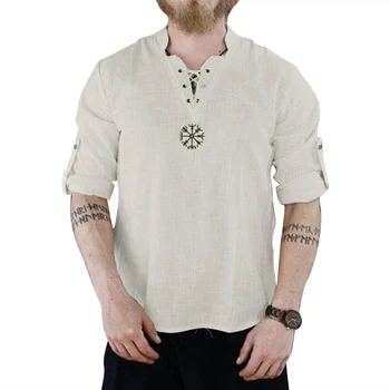 Viduramžių Vikingų ir Piratų Lino Top Marškinėliai Kostiumas Renesanso Mens Šiaurės Retro marškinėliai Tee Nėriniai-Up Suaugusių Vyrų Viduramžių Kelnės