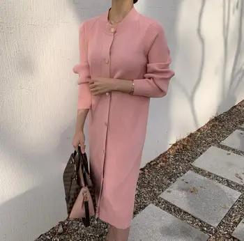 Viena Breasted Slim Pink Megzti Suknelę Moterų 2020 M. Rudens Žiemos korėjos Stiliaus su Diržo 