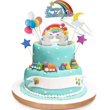 Vienaragis Tortas Topper Kit /Rainbow Balionas Su Gimtadieniu Tortas Reklama /Rainbow Teminius Šalies Dekoracija Berniukas Mergaitė Vaikas Gimtadienis