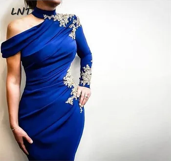 Vienos Pečių Royal Blue Ilgai Vakare Suknelė su Aukso Appliques Oficialus Suknelė