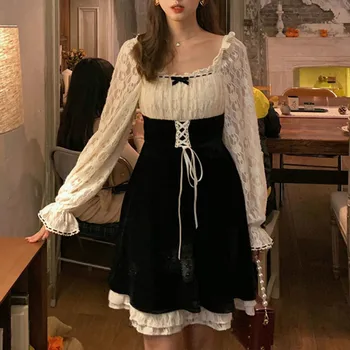 Viktorijos Derliaus Gothic Lolita Suknelė Moterims, Saldus, Elegantiškas Nėrinių Kratinys Aksomo Mini Suknelė Girly Ilgomis Rankovėmis Punk Suknelės, Šaliai