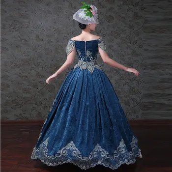 Viktorijos Velniop Kaklo trumpomis Rankovėmis Gėlių Spausdinti vintage blue karališkosios siuvinėjimo viduramžių suknelė Renesanso kamuolys suknelė Suknelė