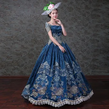 Viktorijos Velniop Kaklo trumpomis Rankovėmis Gėlių Spausdinti vintage blue karališkosios siuvinėjimo viduramžių suknelė Renesanso kamuolys suknelė Suknelė
