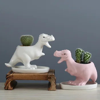 VILEAD Keramikos Dinozaurų Gėlių Vazonai, Statulėlės Su padėklu Kūrybos Gyvūnų Vazos Miniatiūrinės Puošybos Namų Dekoro Priedai