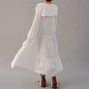 Vintage White Marškinėliai, Suknelės Moterims Ilgomis Rankovėmis Peter Pan Apykaklės Šifono Suknelė Lolita Mori Merginos Raukiniai Prarasti Ilga Suknelė Vestidos
