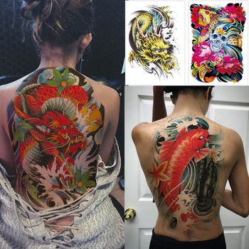 Visiškai ramus dideli laikina tatuiruotė lipdukai Koi Kaukolė Akvarelė kūno tatuiruotės Dragon gyvatė Didelis tatuiruotė ant nugaros moterims