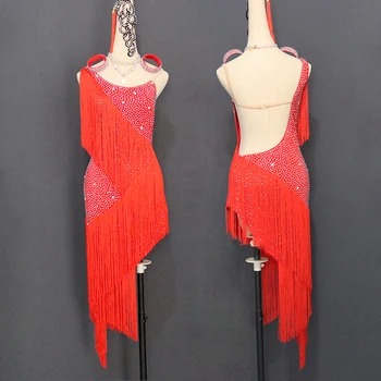 Viso Kūno Kalnų Krištolas Lotynų Šokių Suknelė Moterų Profesinės Konkurencijos Kostiumai Moterys, Merginos, Sexy Backless Raudonas Sijonas Su Kutais