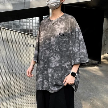 Visų rungtynių Harajuku tie dažai Retro T-shirt Aukštis Gatvės korėjos versija Derliaus Minimalistinio stiliaus drabužius, Kietas Hip-Hop Gradientas viršų