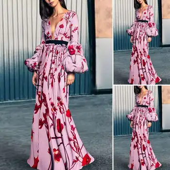VONDA Moterims Gėlių Spausdinti Maxi Ilga Suknelė 2021 M. Vasarą Bohemijos ilgomis Rankovėmis Vestido Atsitiktinis Palaidų Plius Dydis Sundress V Kaklo Suknelė